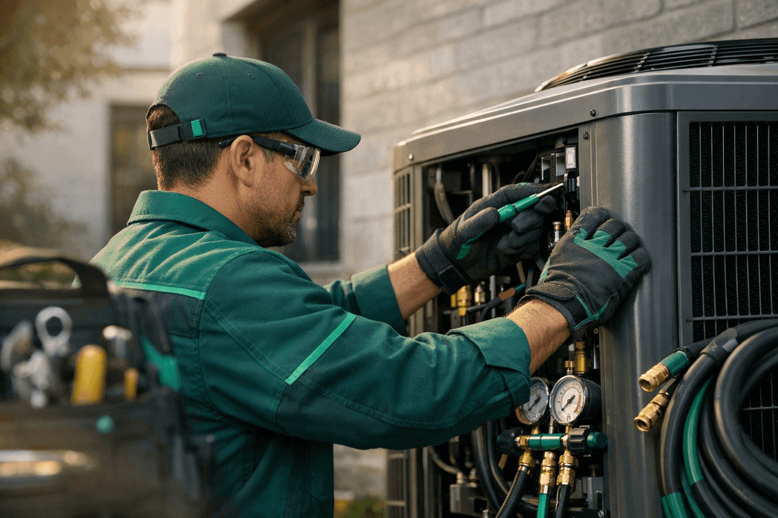 HVAC technician in green uniform adjusting outdoor HVAC unit at clean building exterior