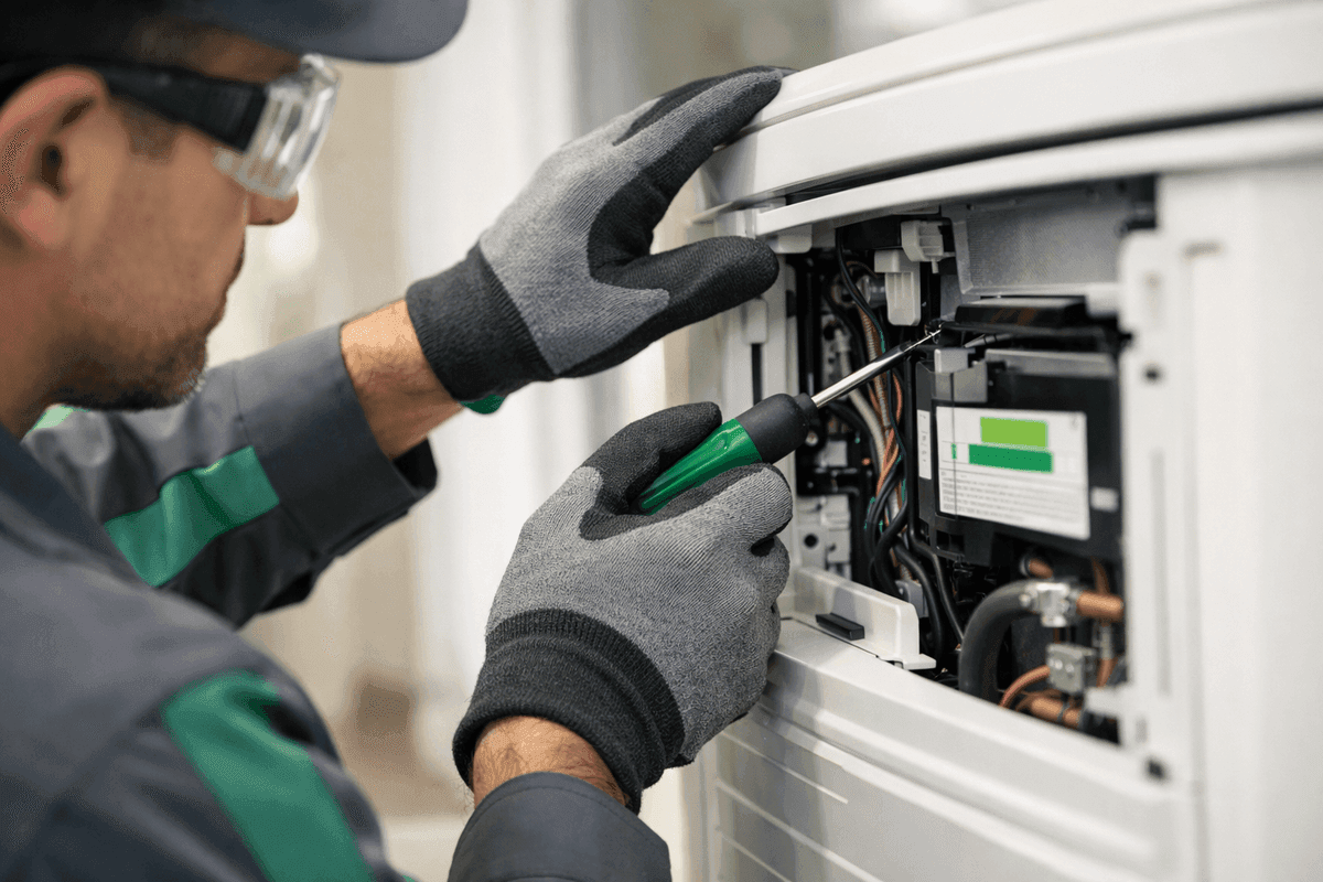 Hands of HVAC technician wearing gloves adjusting indoor thermostat in clean environment