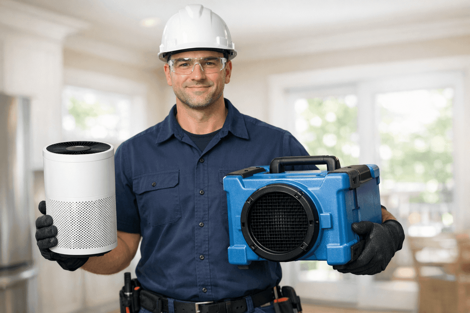 Technician comparing air purifier and air scrubber devices