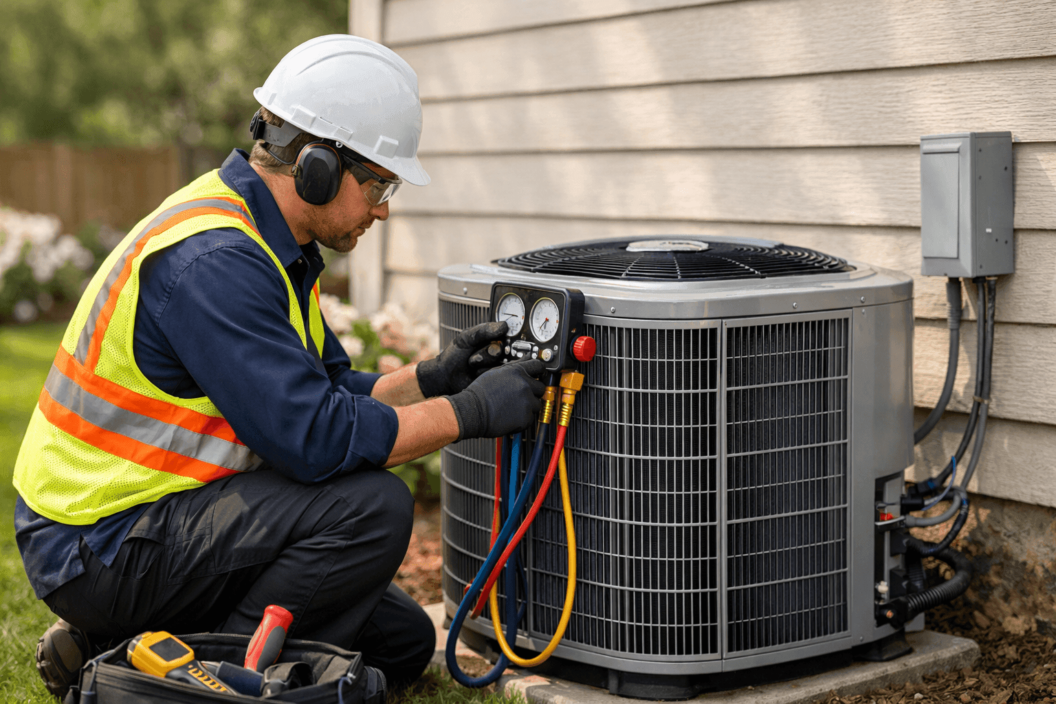 Technician servicing outdoor AC condenser in spring