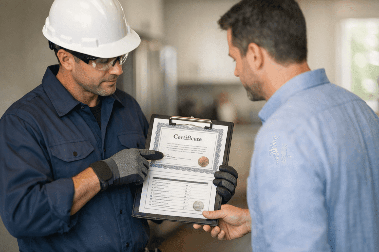 Technician showing credentials to homeowner during estimate