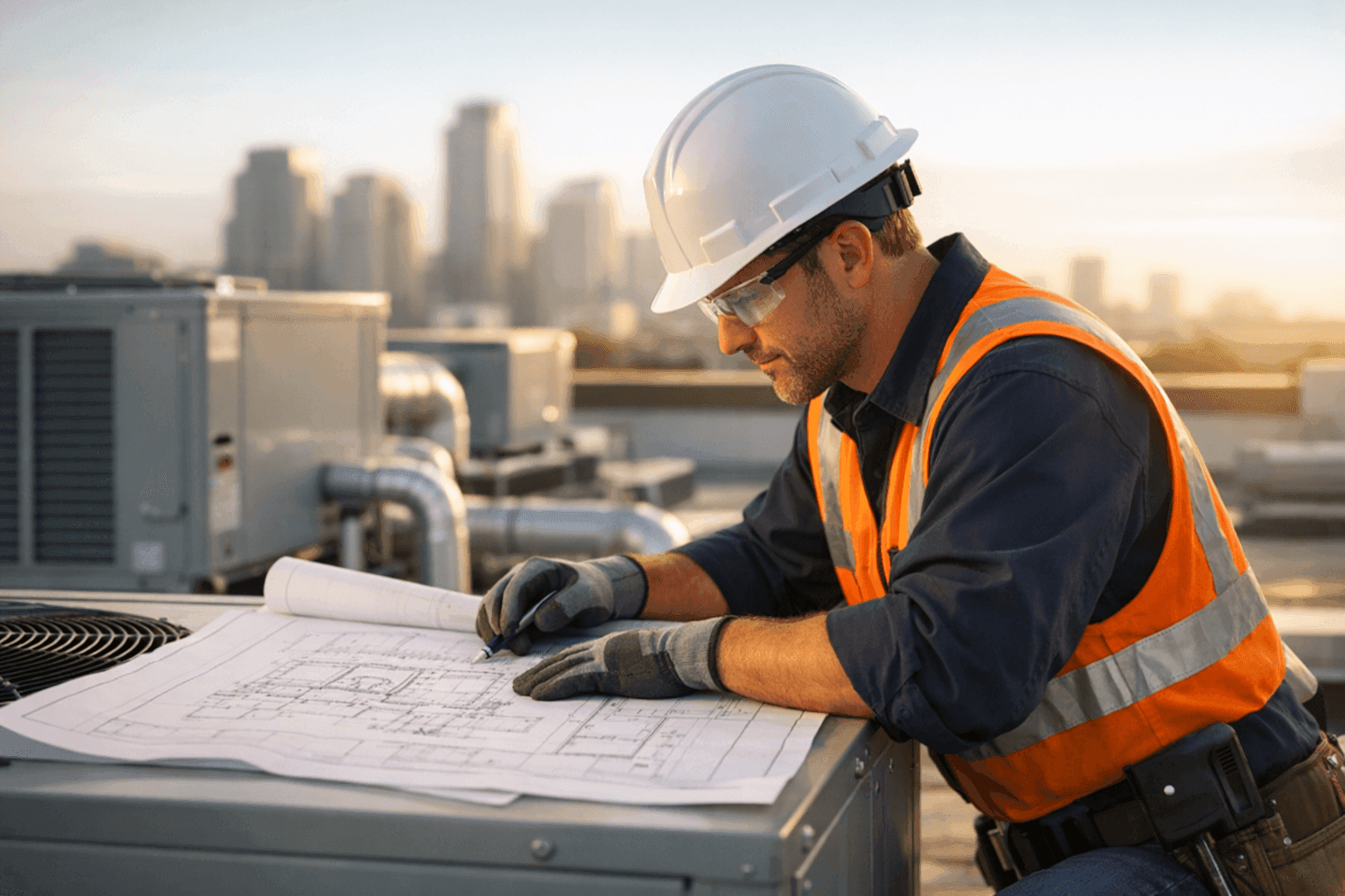 Technician reviewing commercial HVAC plans on rooftop unit