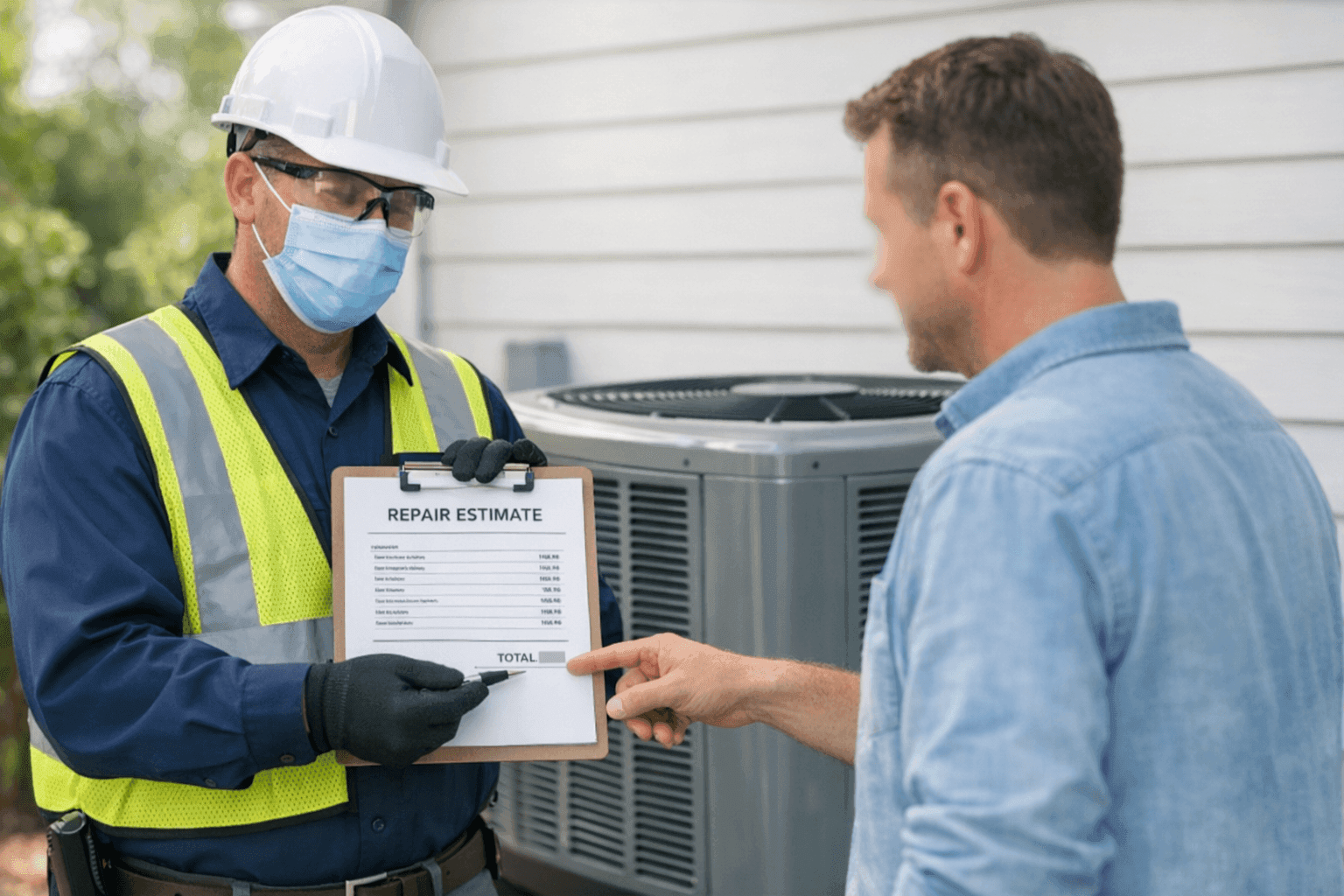 Technician reviewing AC repair estimate with homeowner