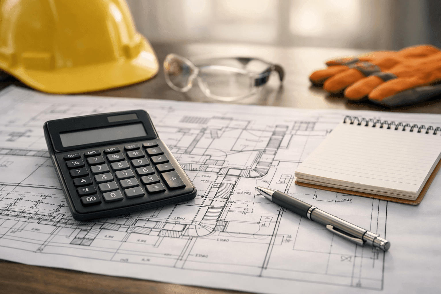 Calculator and HVAC plans on table