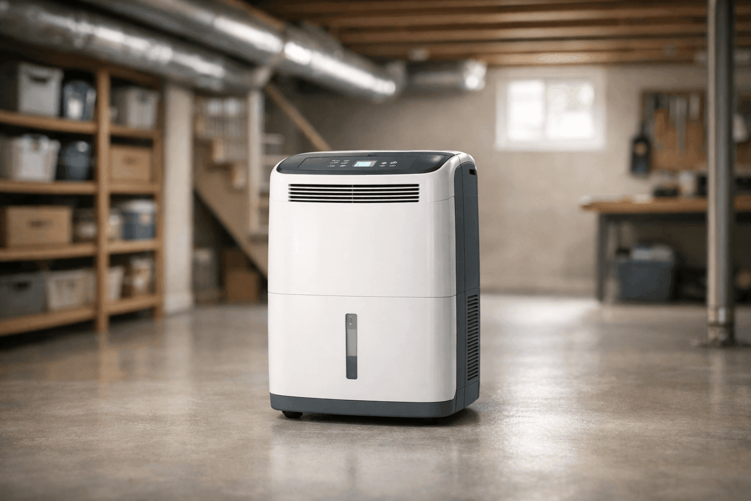 Home dehumidifier operating in basement