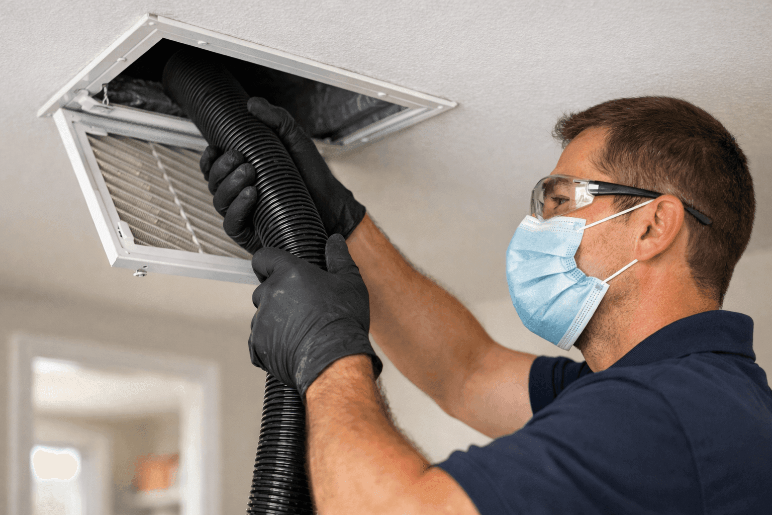 Technician cleaning air ducts with vacuum hose