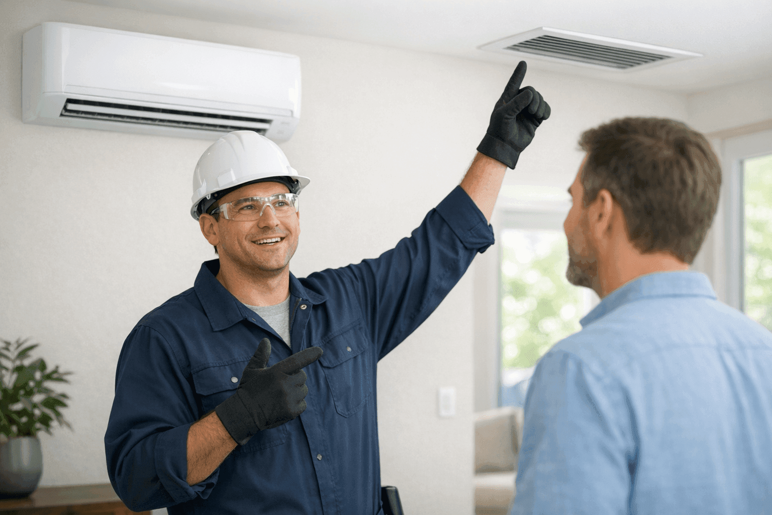 Technician explaining ductless and ducted HVAC systems to client