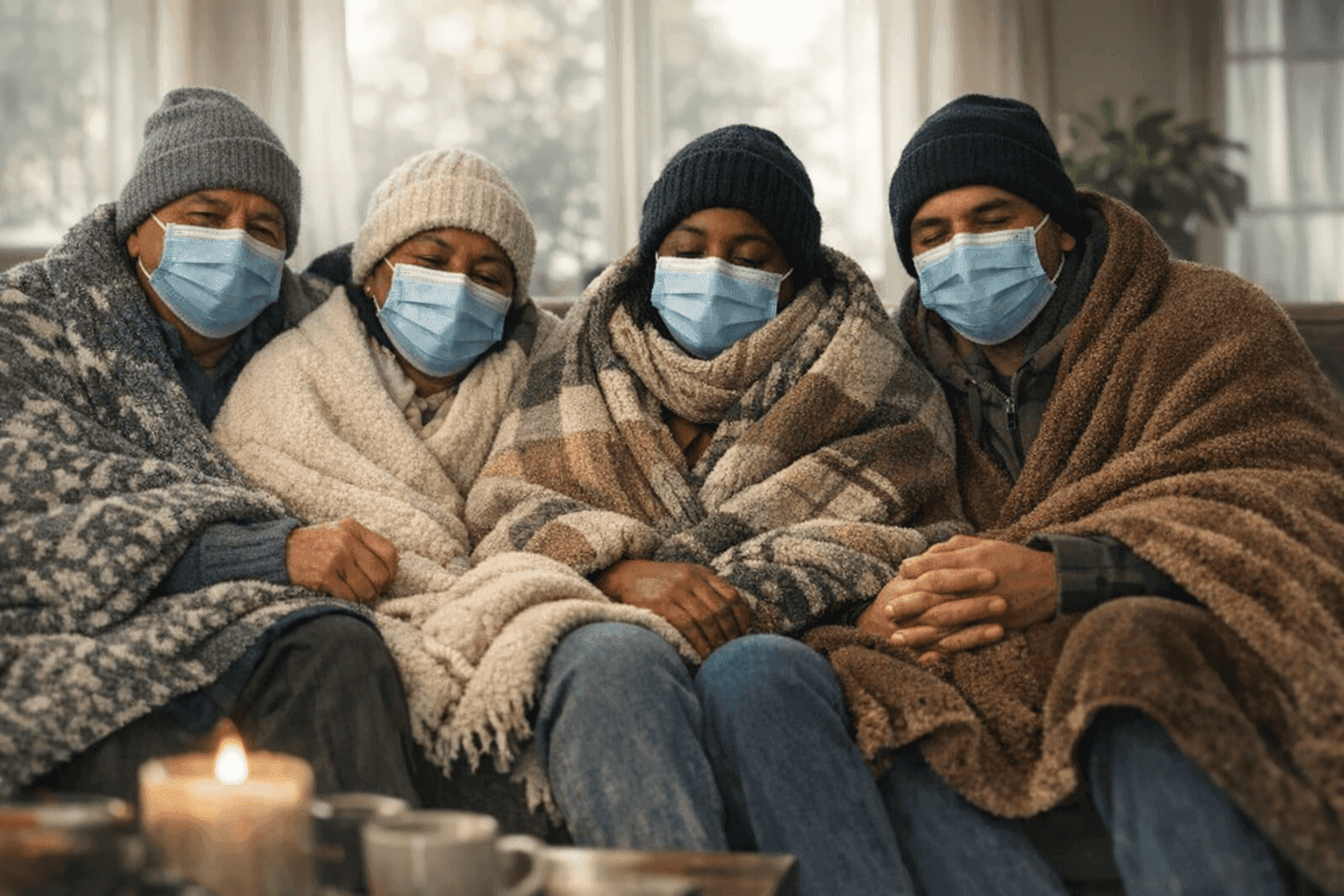 Family safely waiting in living room during HVAC outage