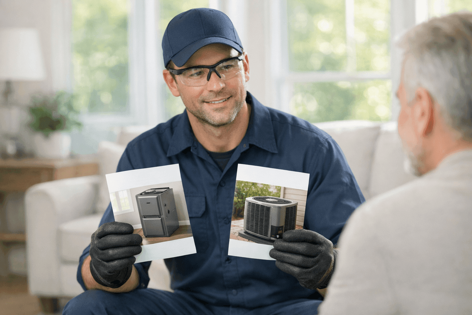 Technician reviewing furnace and heat pump options with homeowner