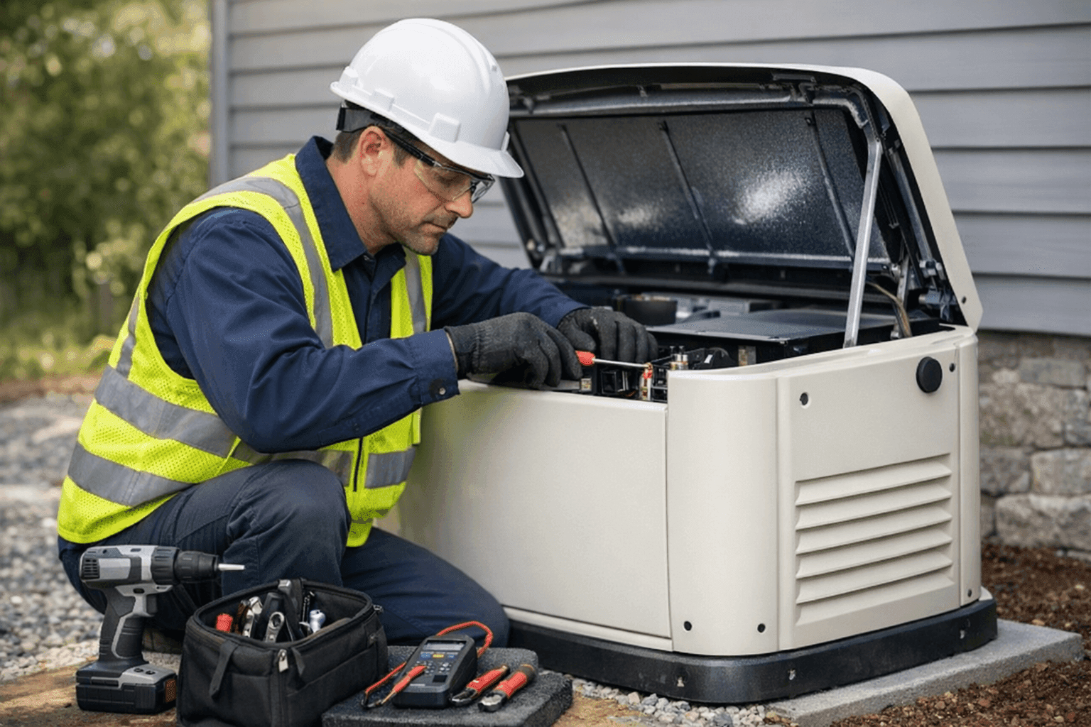 Technician installing standby generator outside home