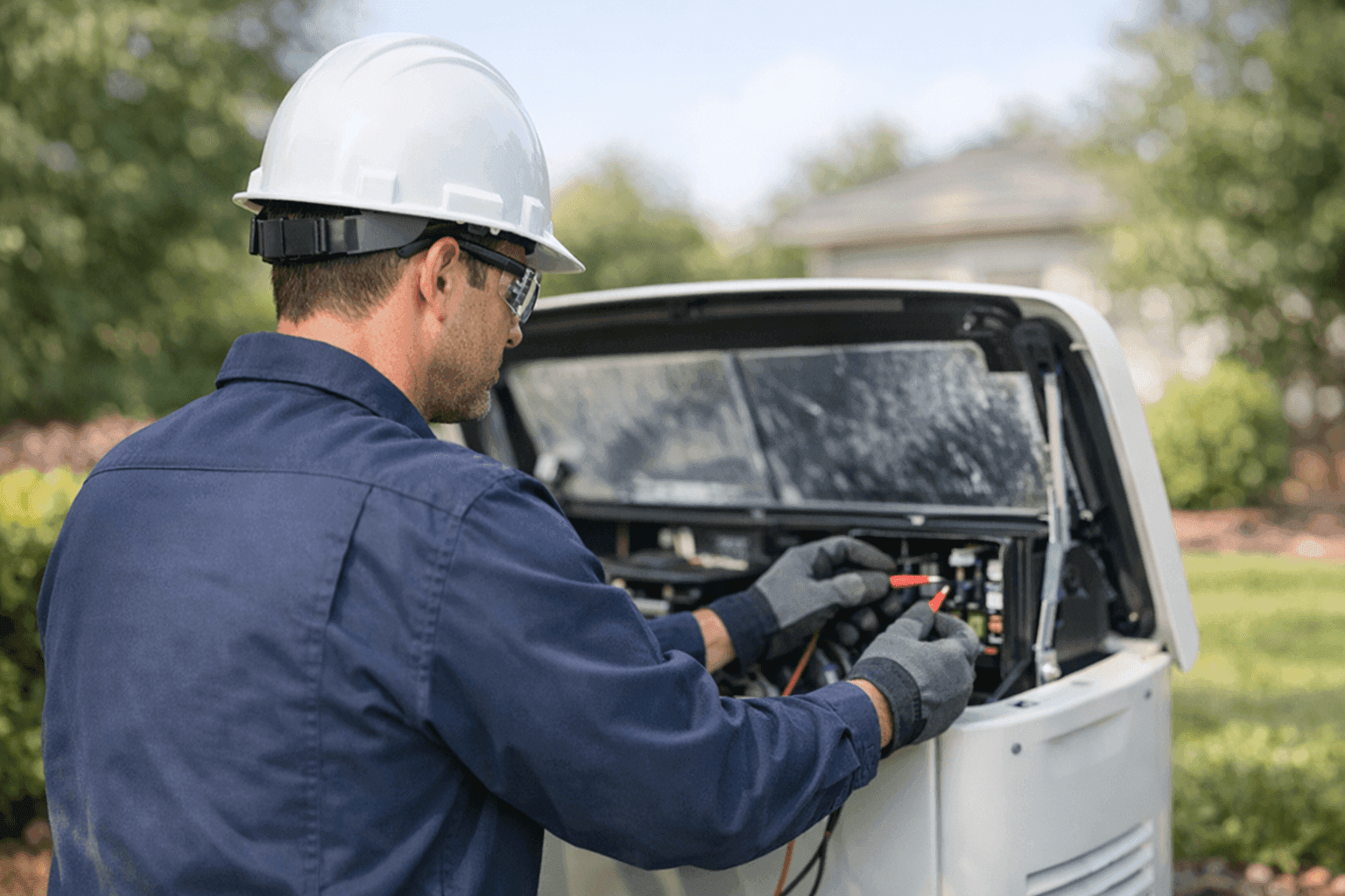 Technician servicing standby generator outdoors