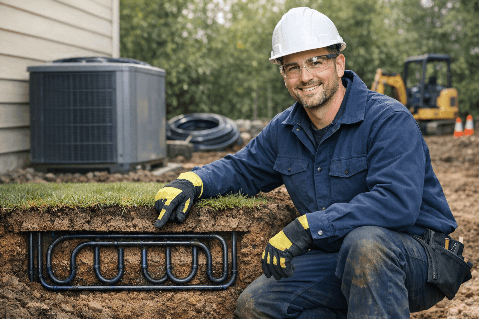 Technician explaining geothermal heat pump system outdoors