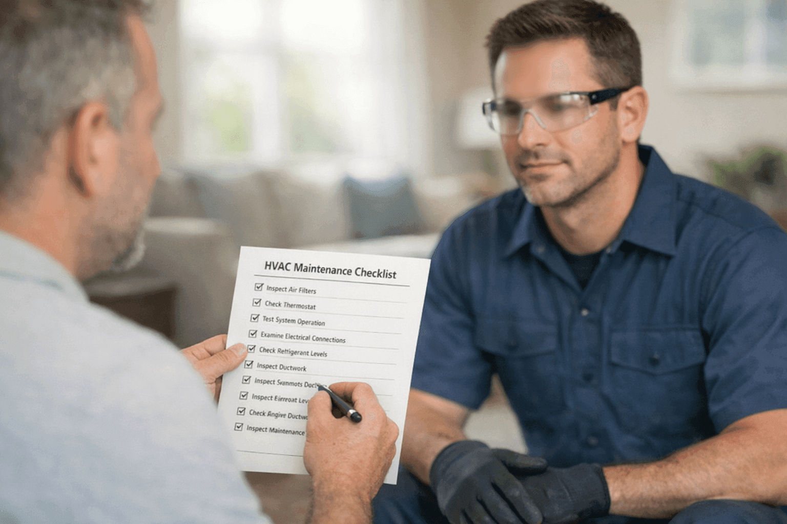 Homeowner interviewing HVAC technician with checklist