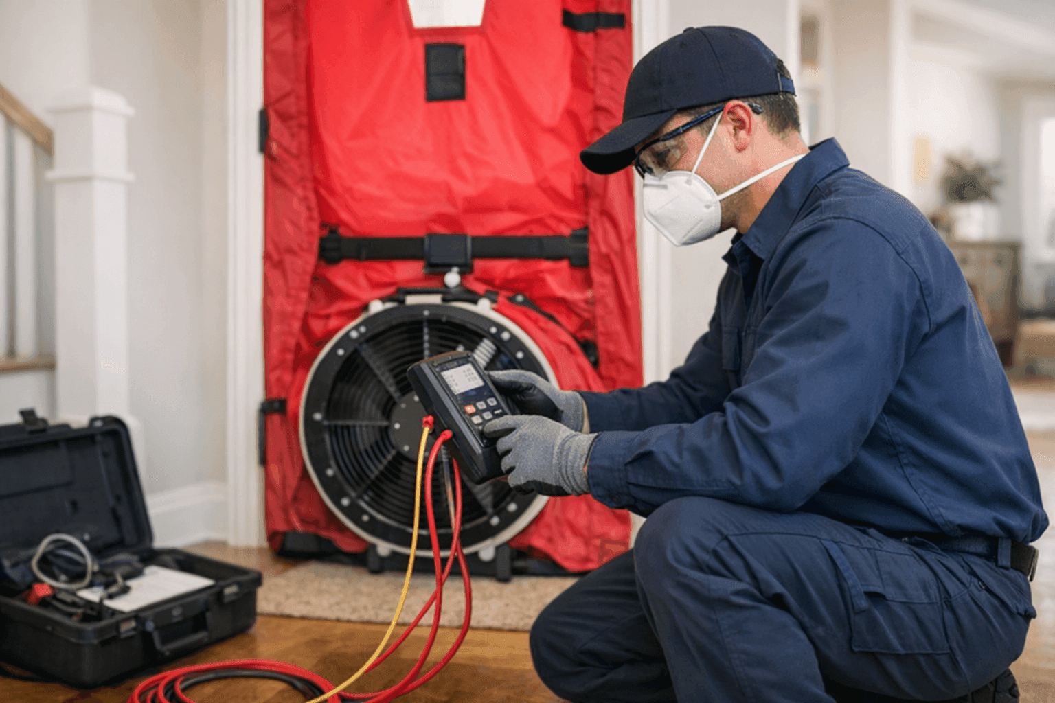 Technician performing energy audit with blower door