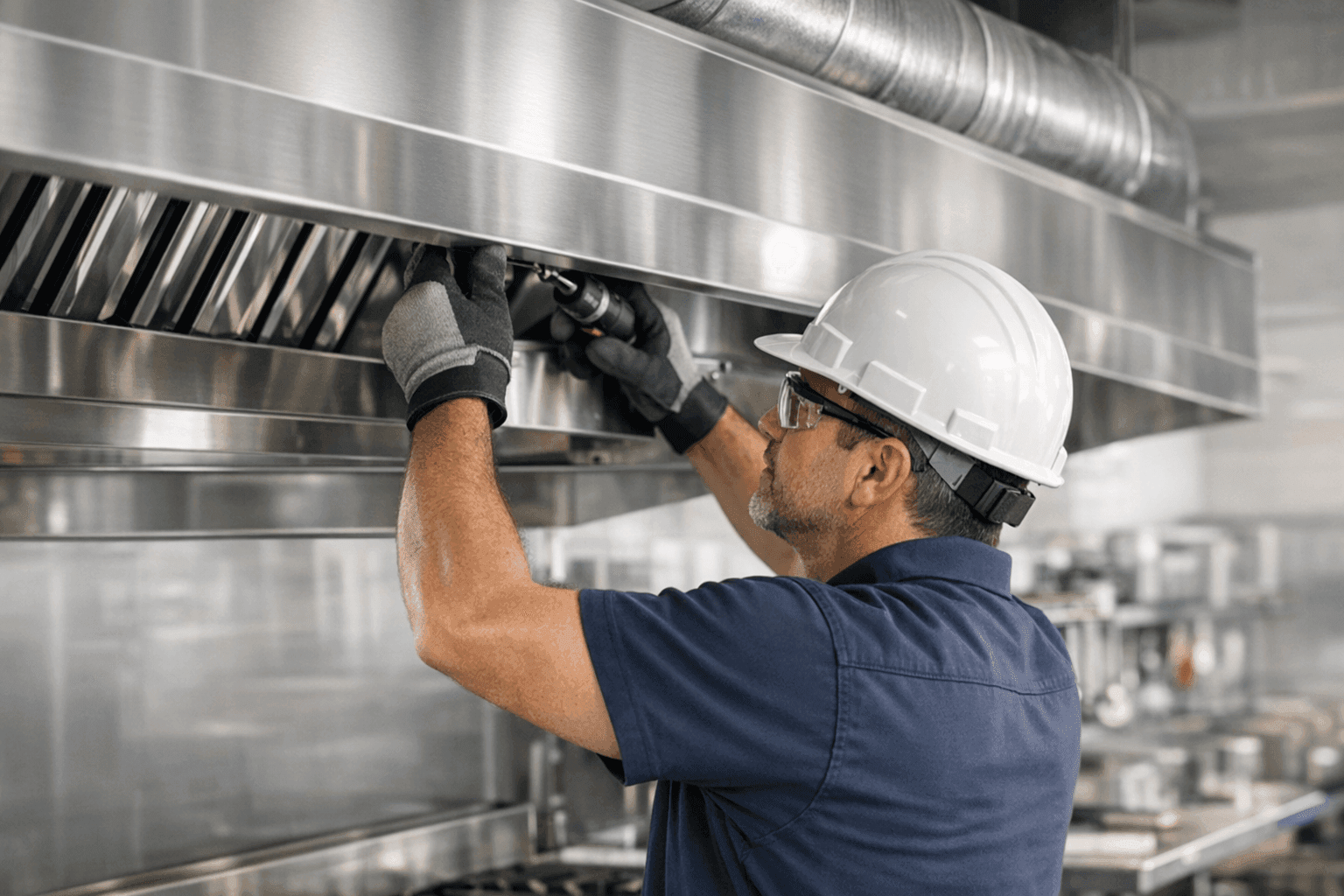 Technician installing commercial kitchen exhaust hood