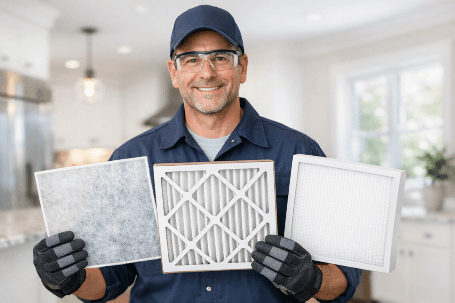 Technician holding various HVAC air filters for comparison