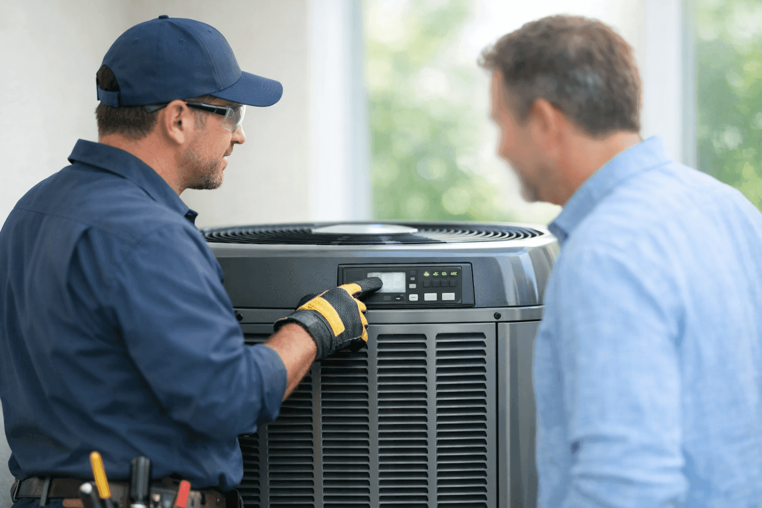 Technician showing homeowner energy-saving HVAC tips