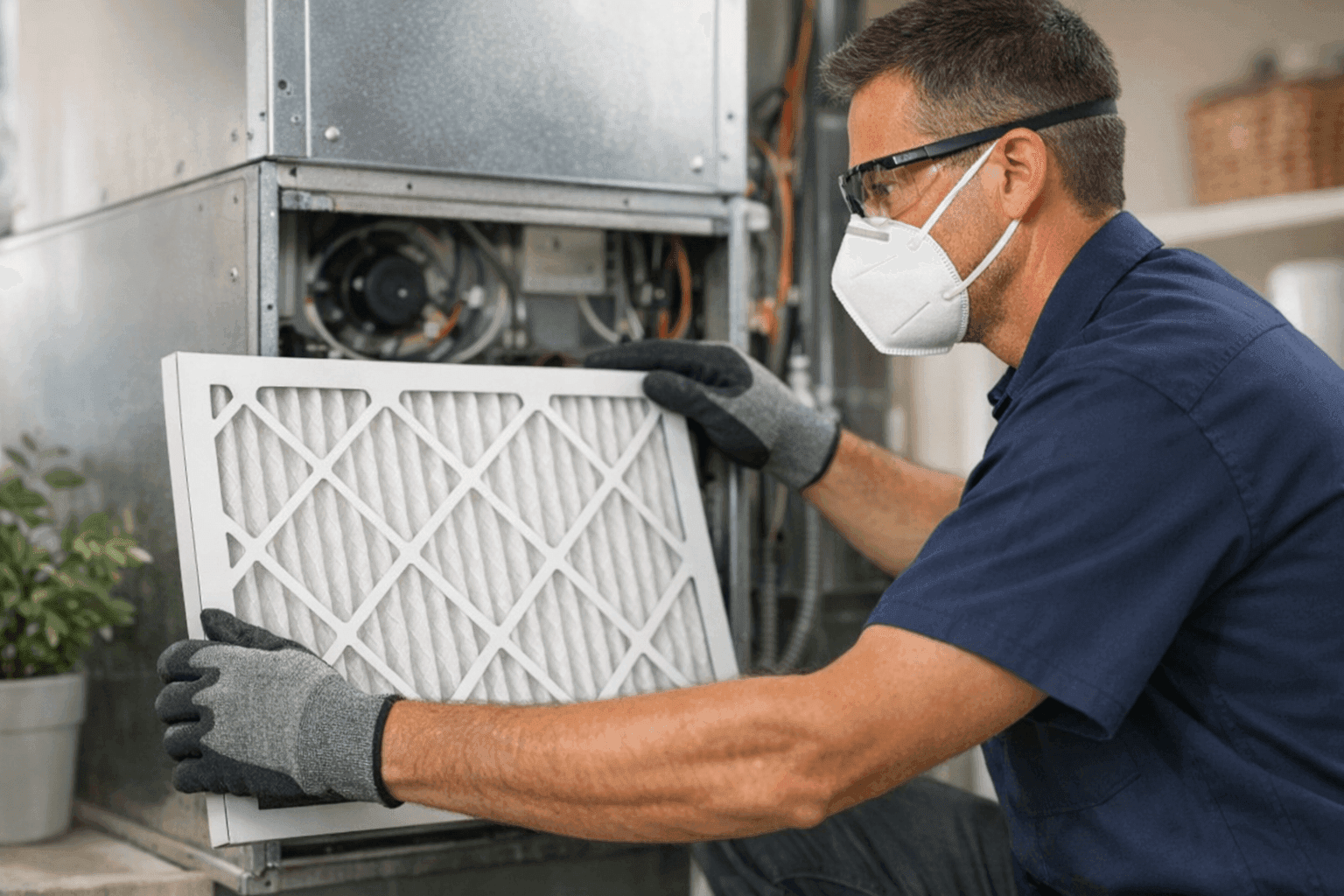 Technician replacing HVAC filter to improve air quality