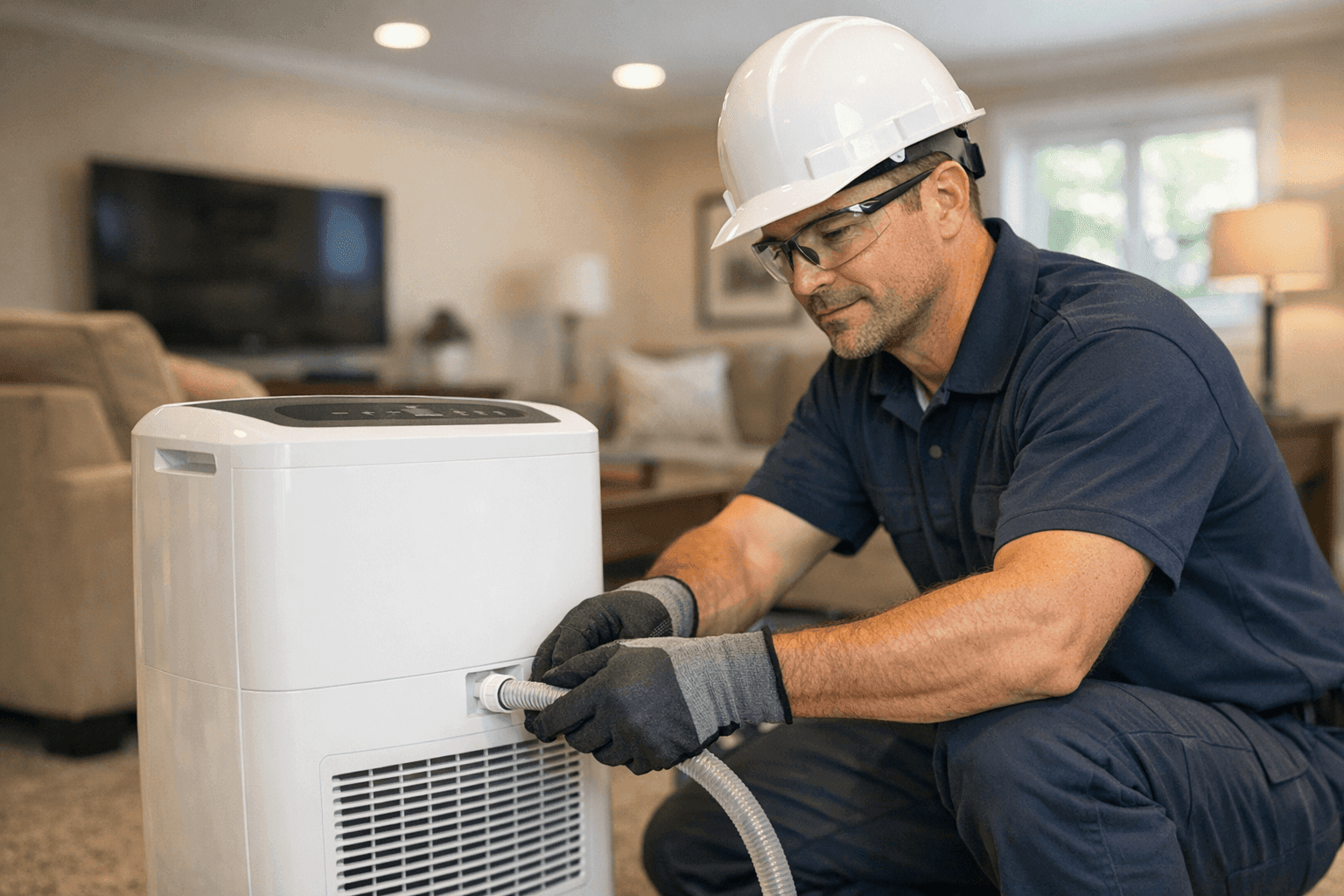 Technician installing dehumidifier in finished basement