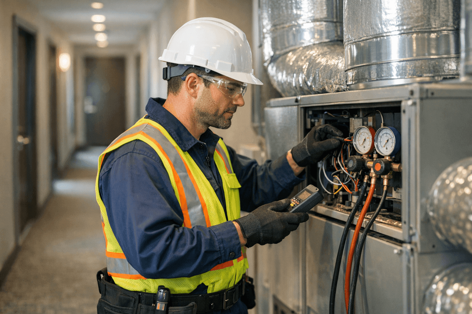 Technician inspecting HVAC system in apartment building hallway