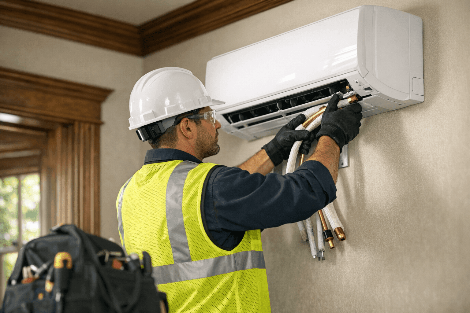 Technician installing ductless mini-split in older home