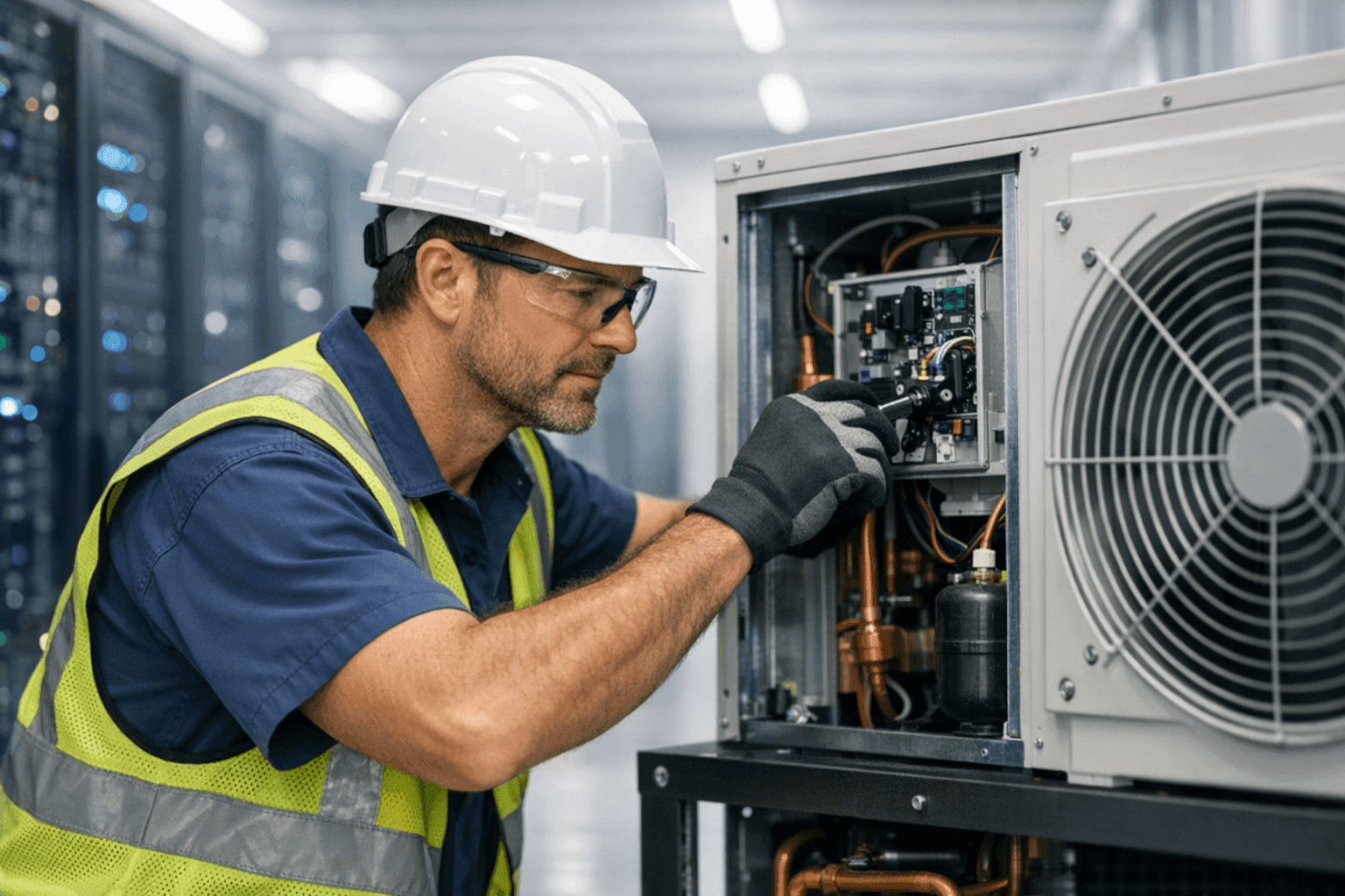 Technician adjusting HVAC system in server room
