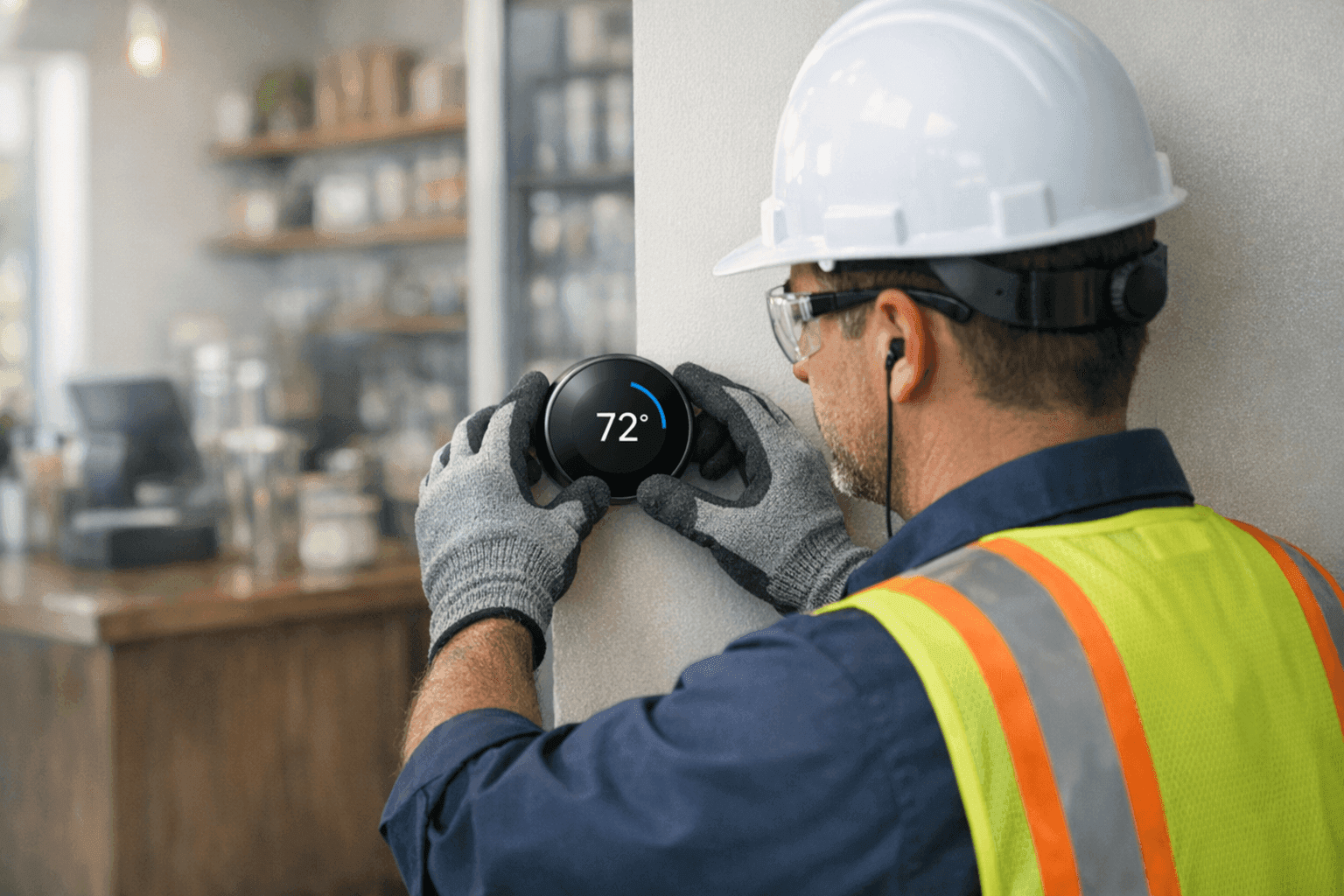 Technician upgrading thermostat in small retail business