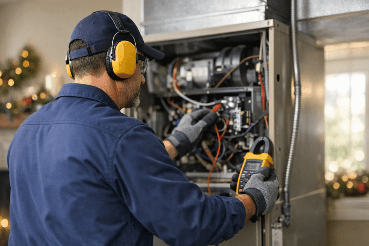 Technician tuning HVAC system before holiday gathering