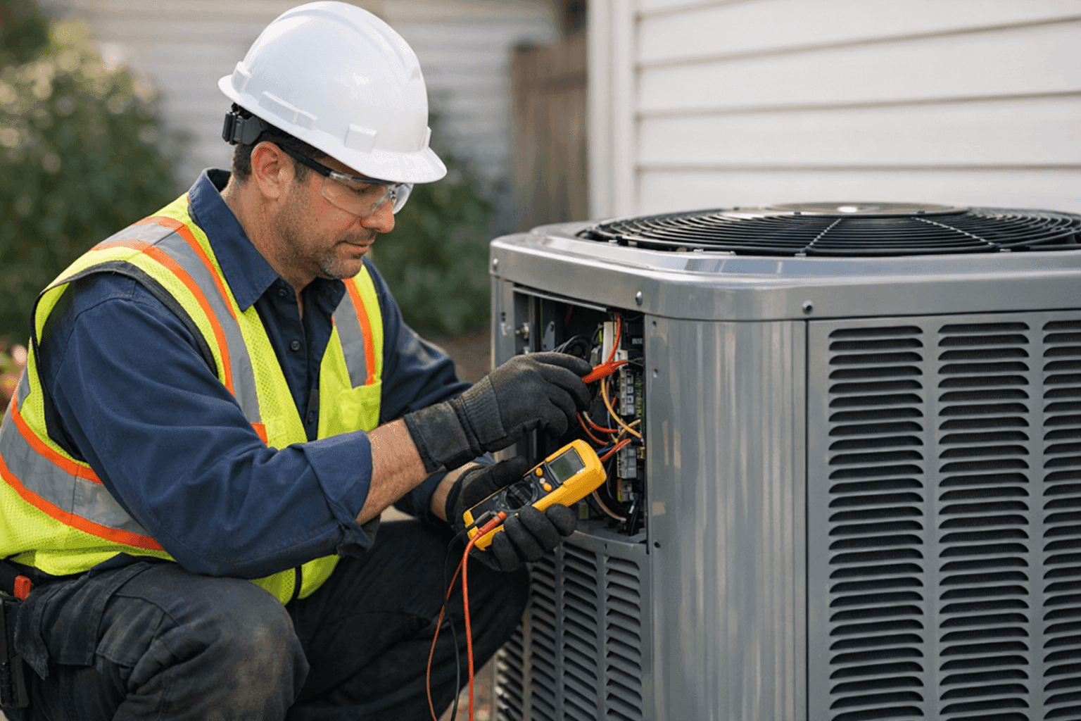 Technician inspecting residential HVAC unit outdoors