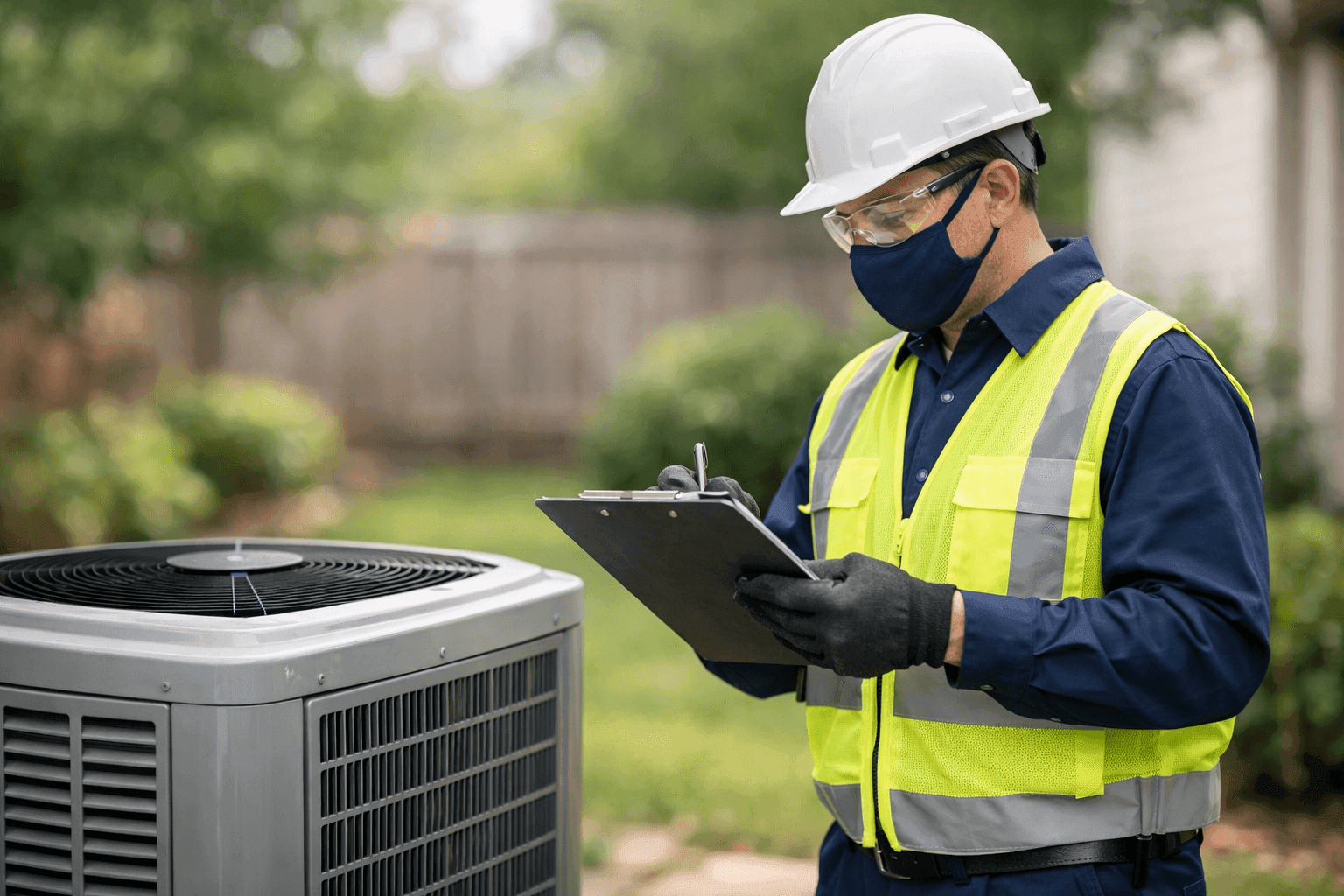 Technician inspecting home HVAC unit outdoors with checklist