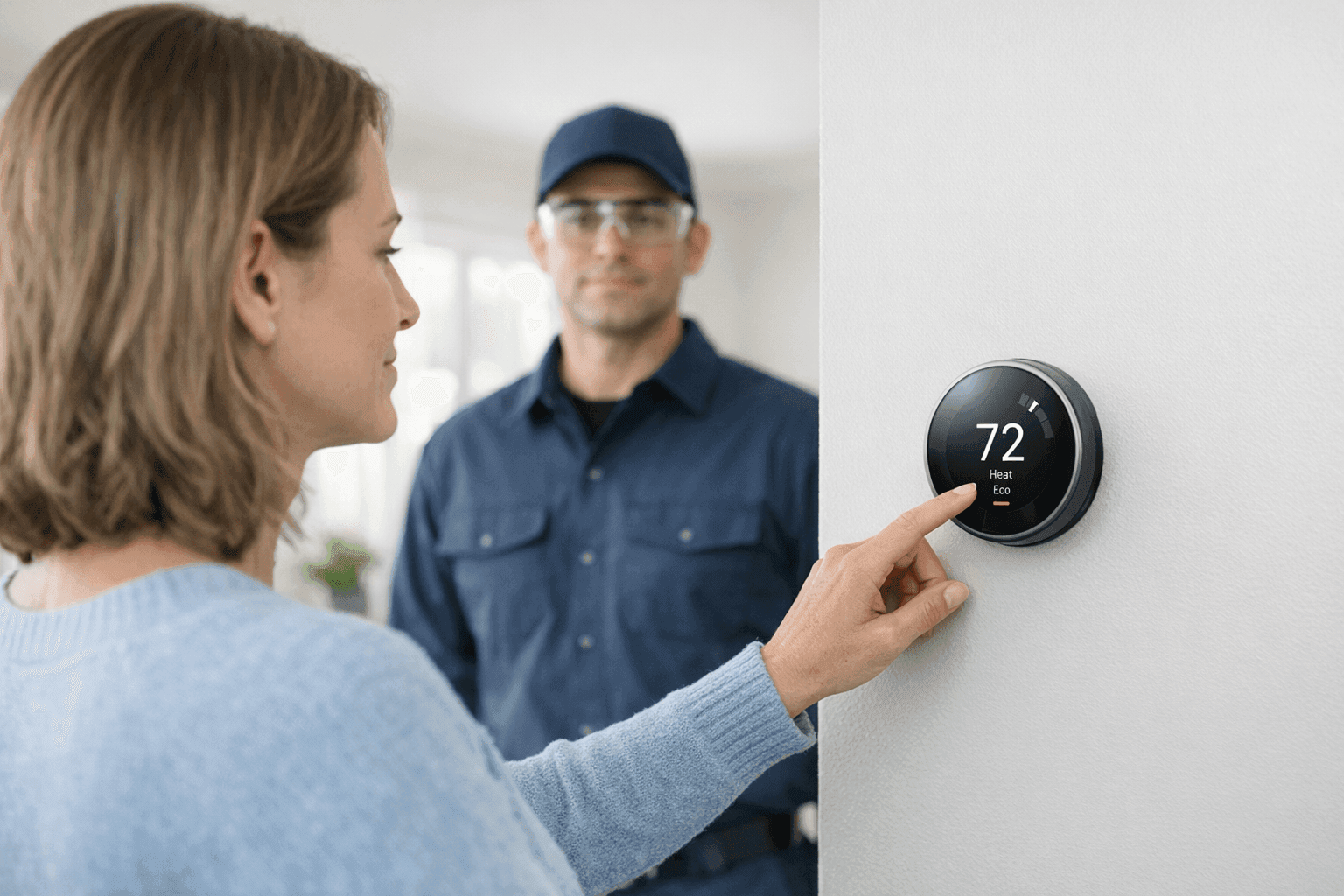 Homeowner checking HVAC thermostat before calling technician