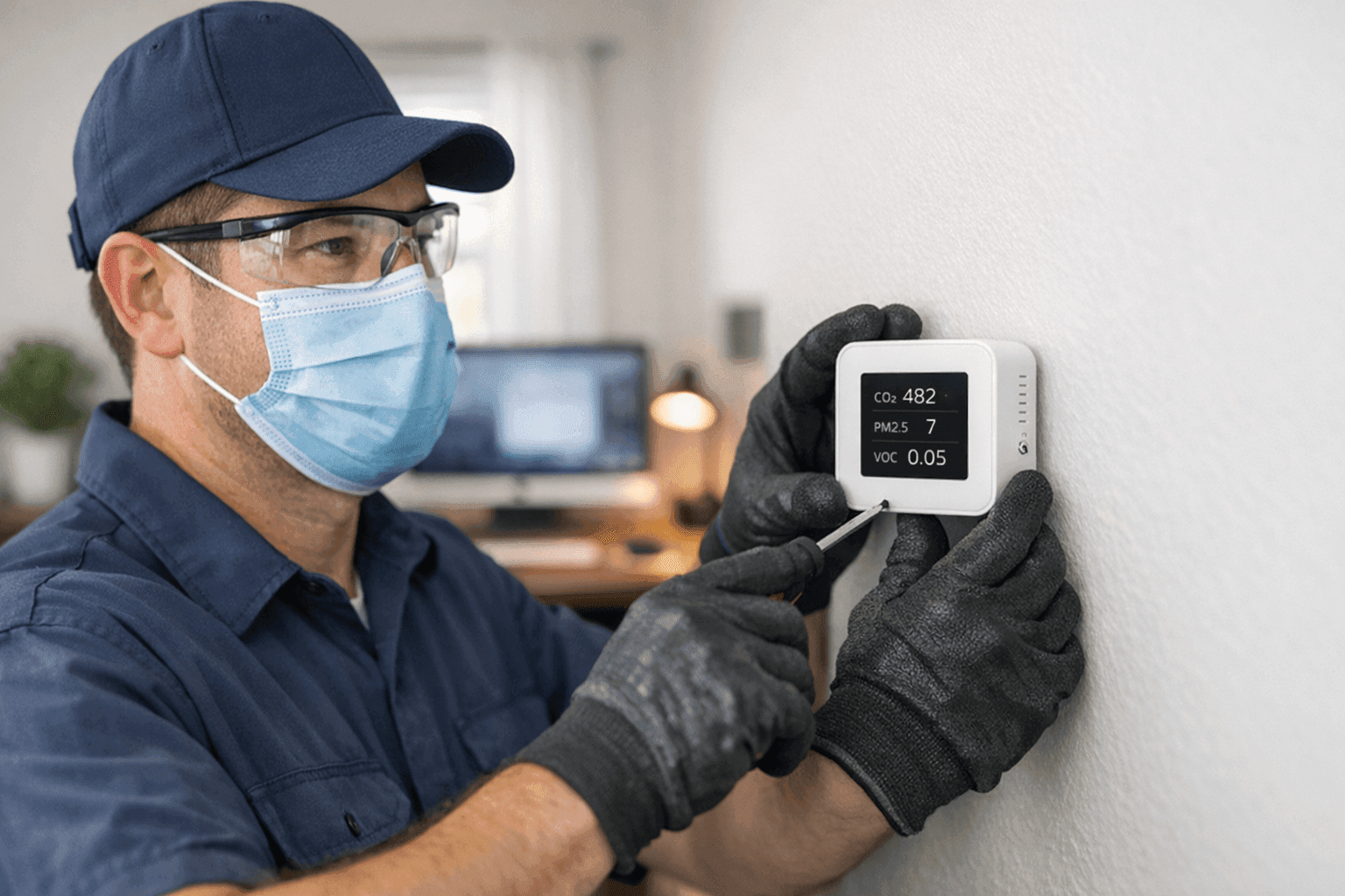 Technician installing air quality monitor in home office