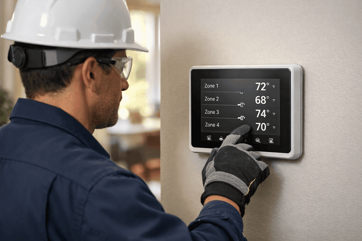 Technician adjusting zoning panel for HVAC system