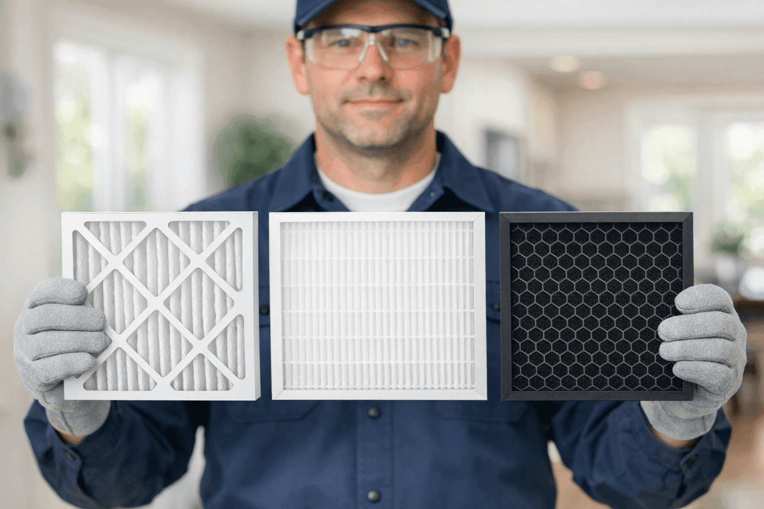 Technician comparing MERV, HEPA, and carbon filters