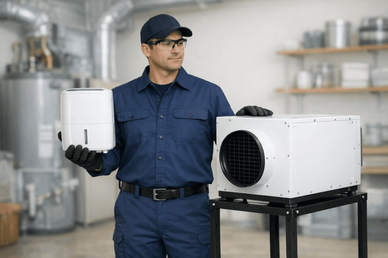 Technician comparing portable and whole-house dehumidifiers
