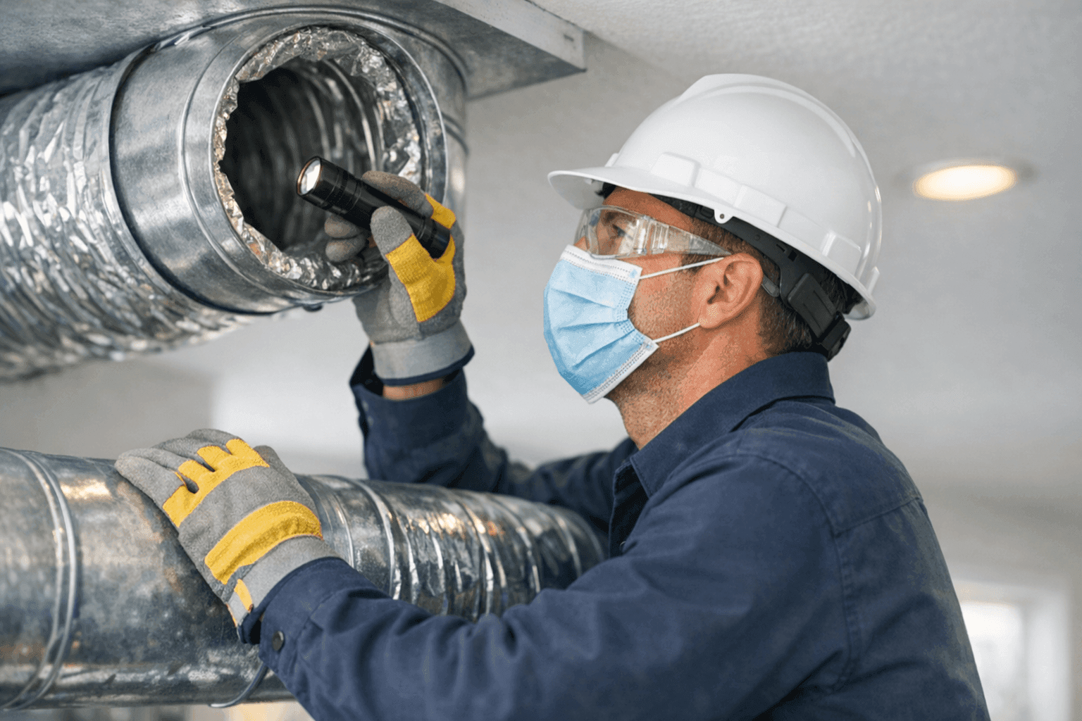 Technician inspecting noisy HVAC ductwork