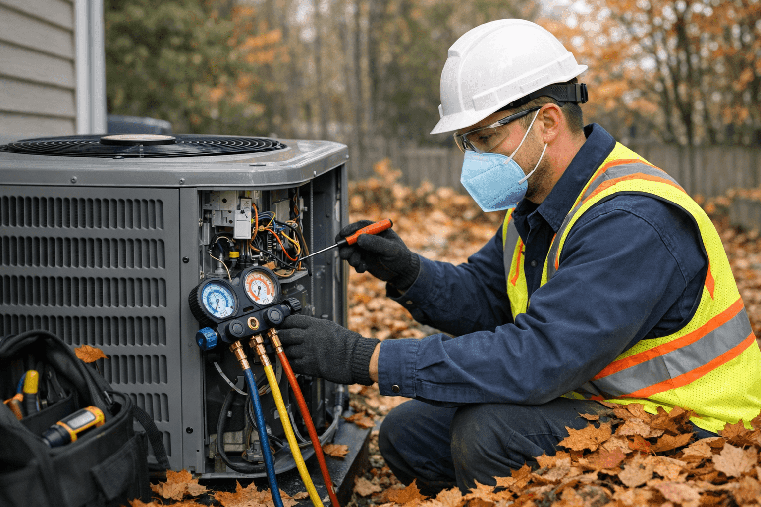 Technician performing seasonal HVAC tune-up outdoors