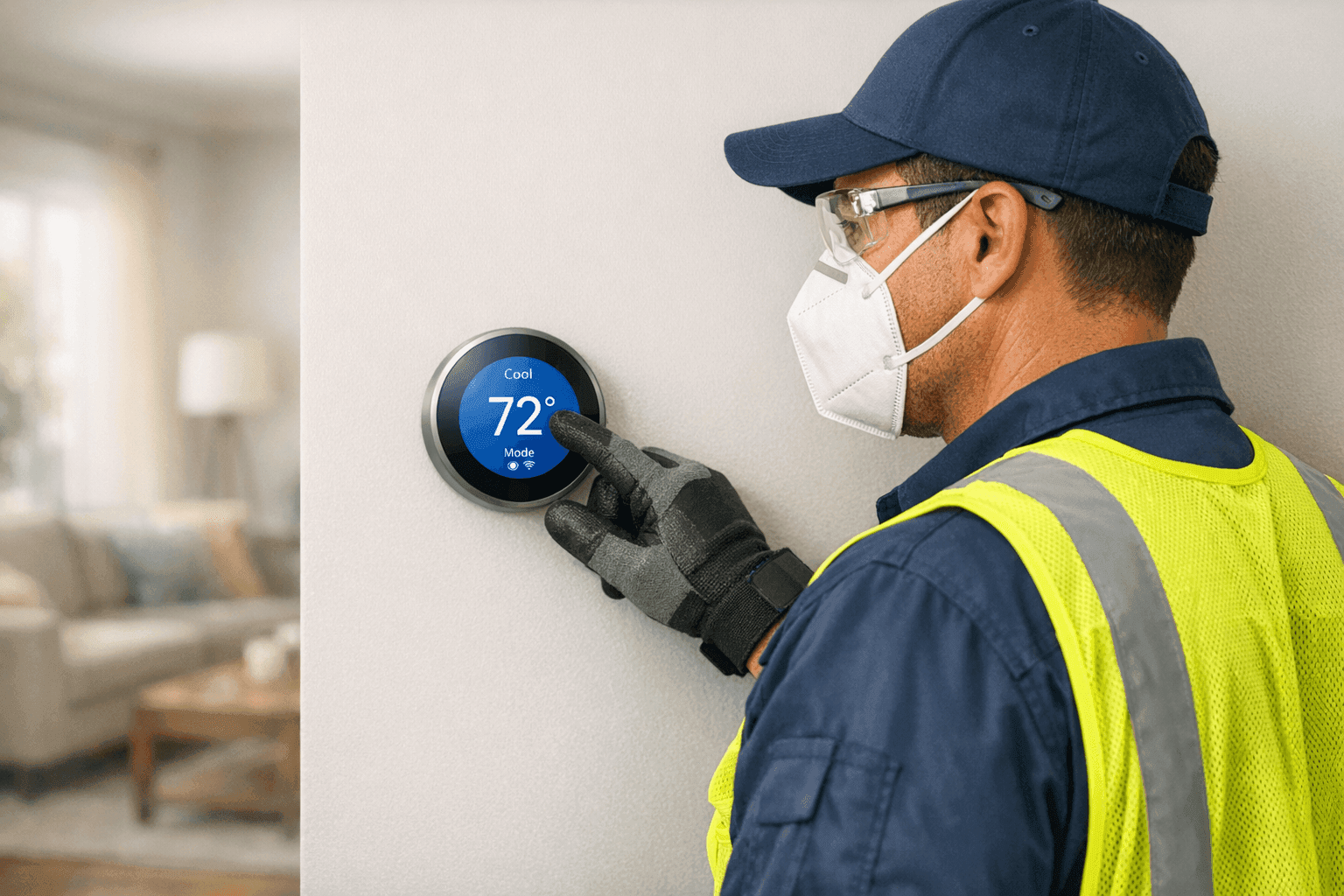 Technician programming smart thermostat on wall
