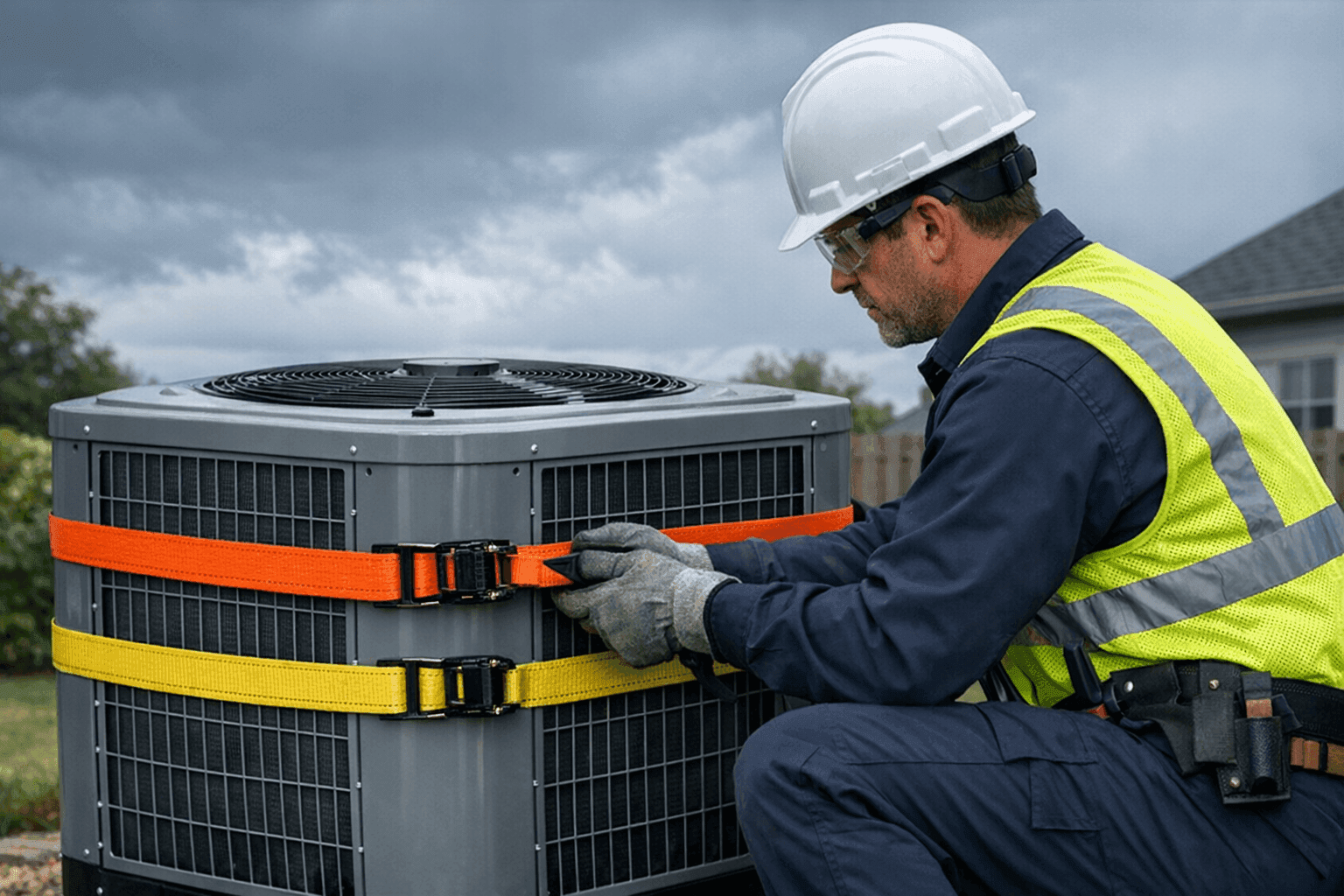 Technician securing outdoor HVAC unit before storm