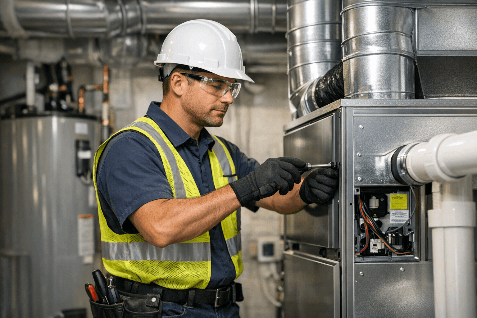 Technician installing high-efficiency HVAC unit
