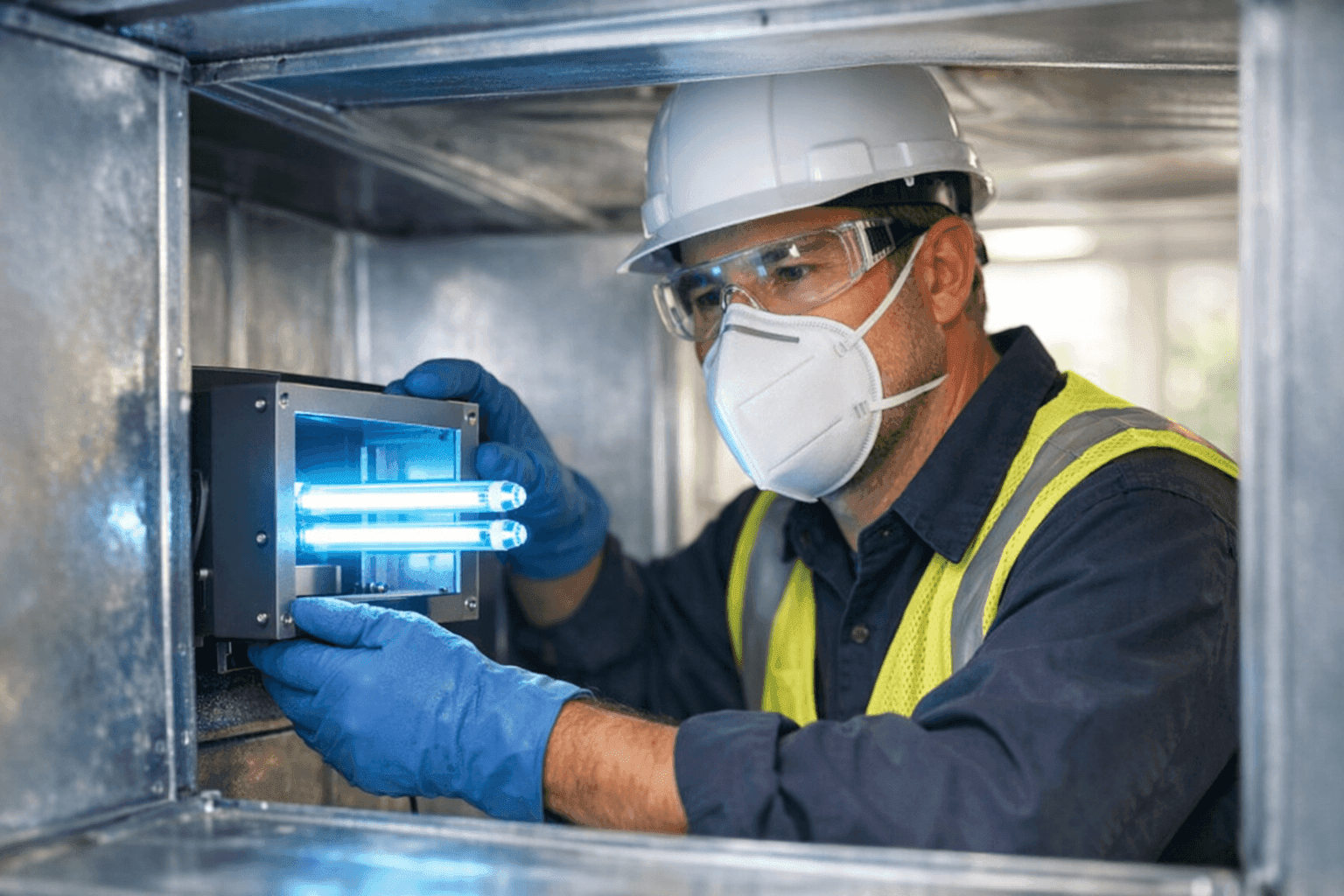 Technician installing UV air purifier in HVAC system