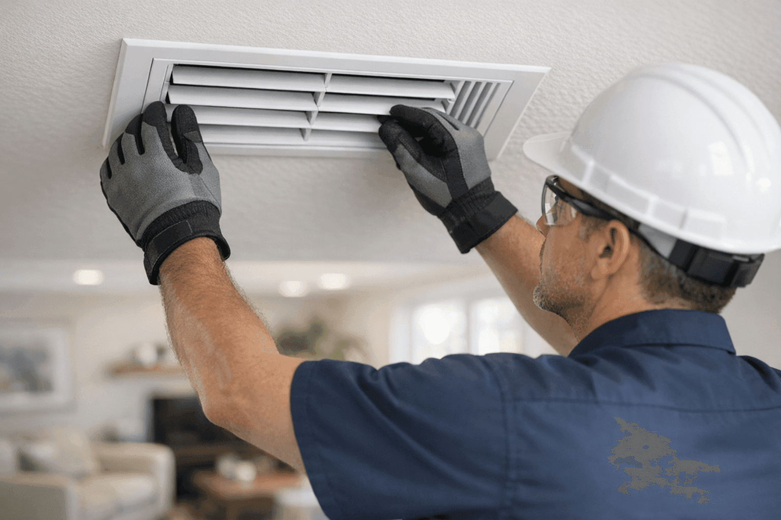 Technician inspecting air vent in modern home