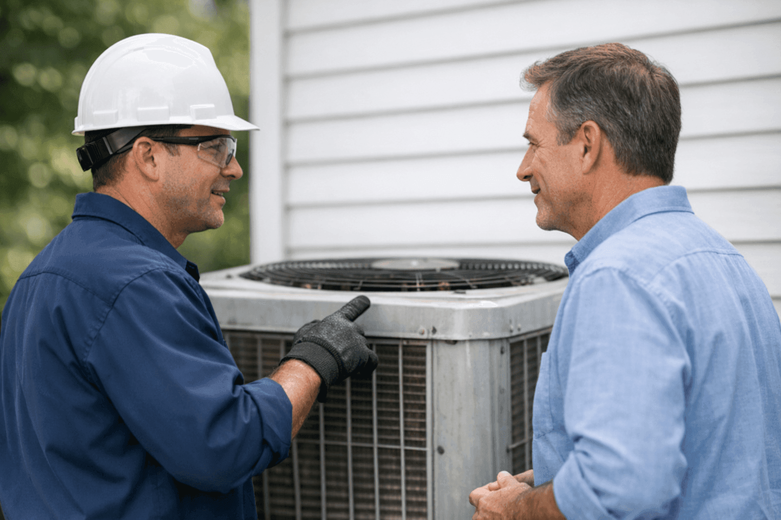 Technician explaining HVAC replacement options to homeowner