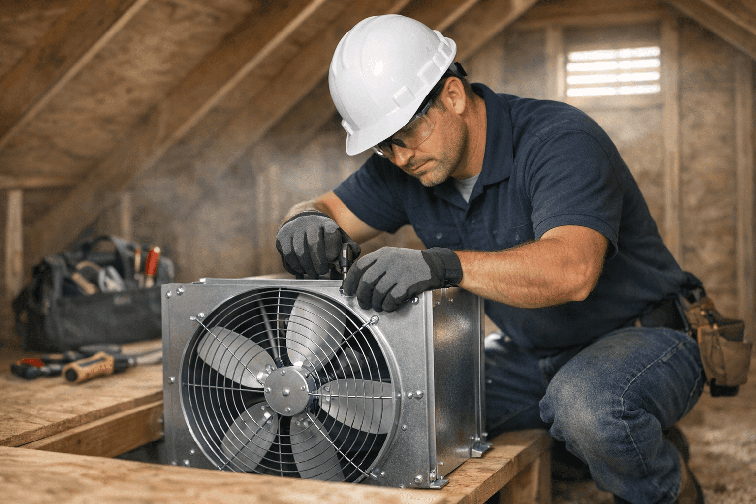 Technician installing attic whole-house fan