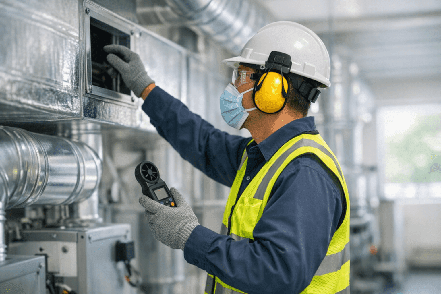Technician checking mechanical ventilation system